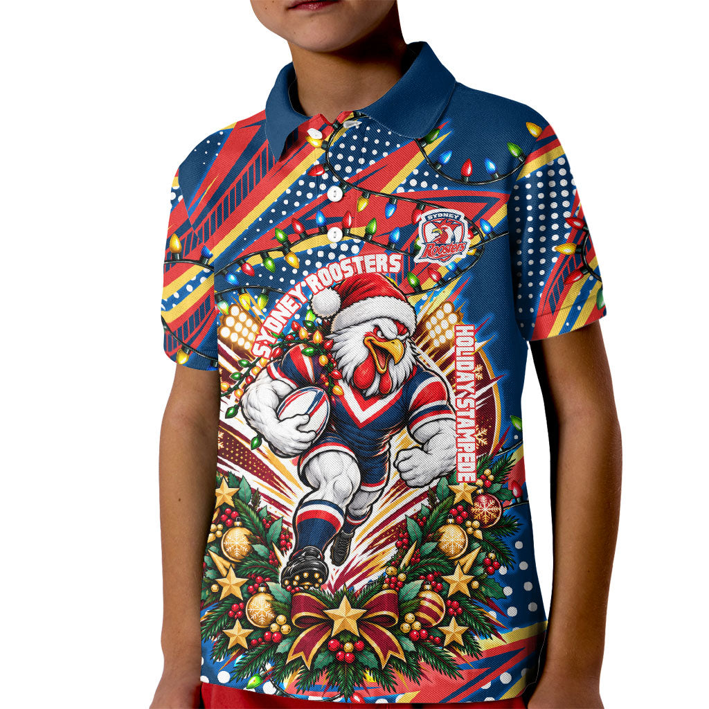 Personalized Sydney Roosters Rugby Christmas Kid Polo Shirt Holiday Mascot Graphic Art Festive Lights Bow