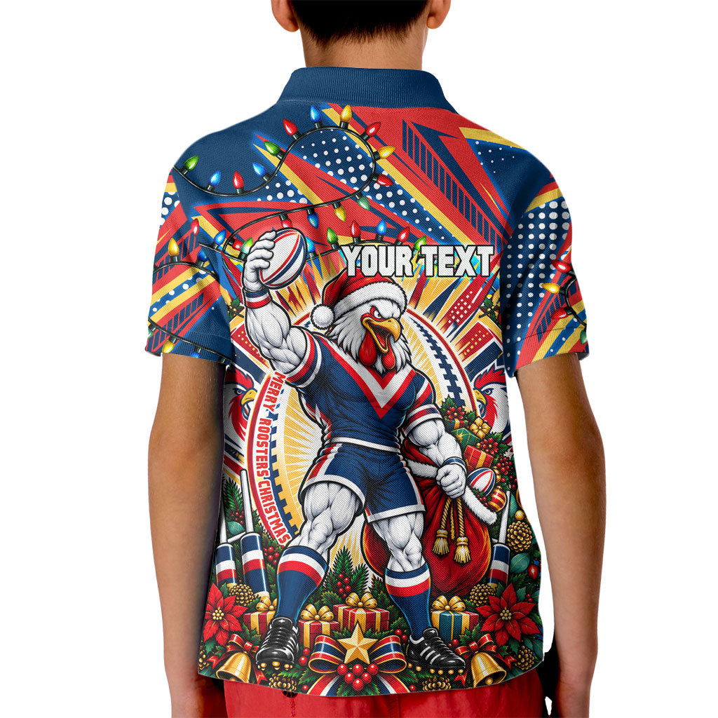 Personalized Sydney Roosters Rugby Christmas Kid Polo Shirt Holiday Mascot Graphic Art Festive Lights Bow