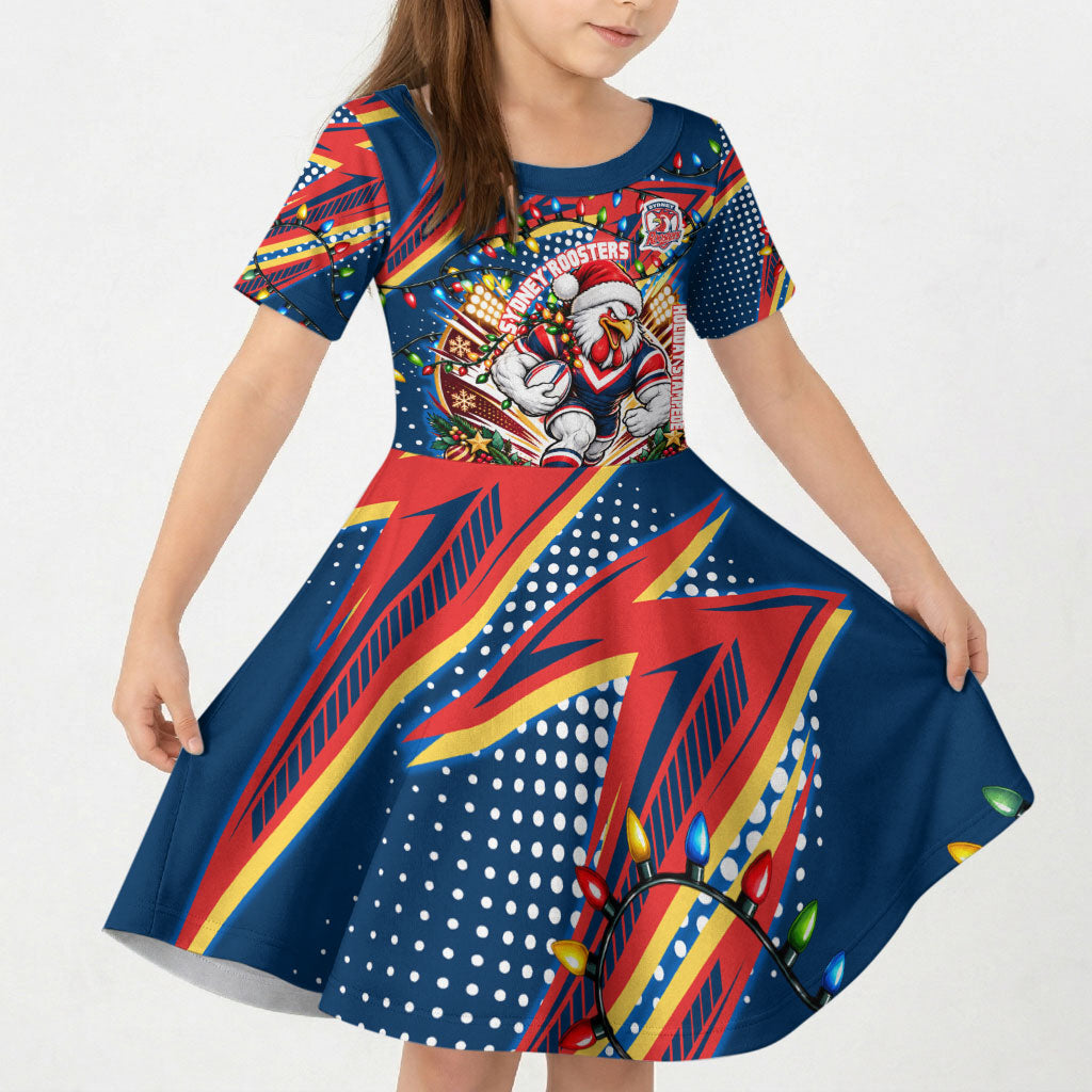 Personalized Sydney Roosters Rugby Christmas Kid Short Sleeve Dress Holiday Mascot Graphic Art Festive Lights Bow