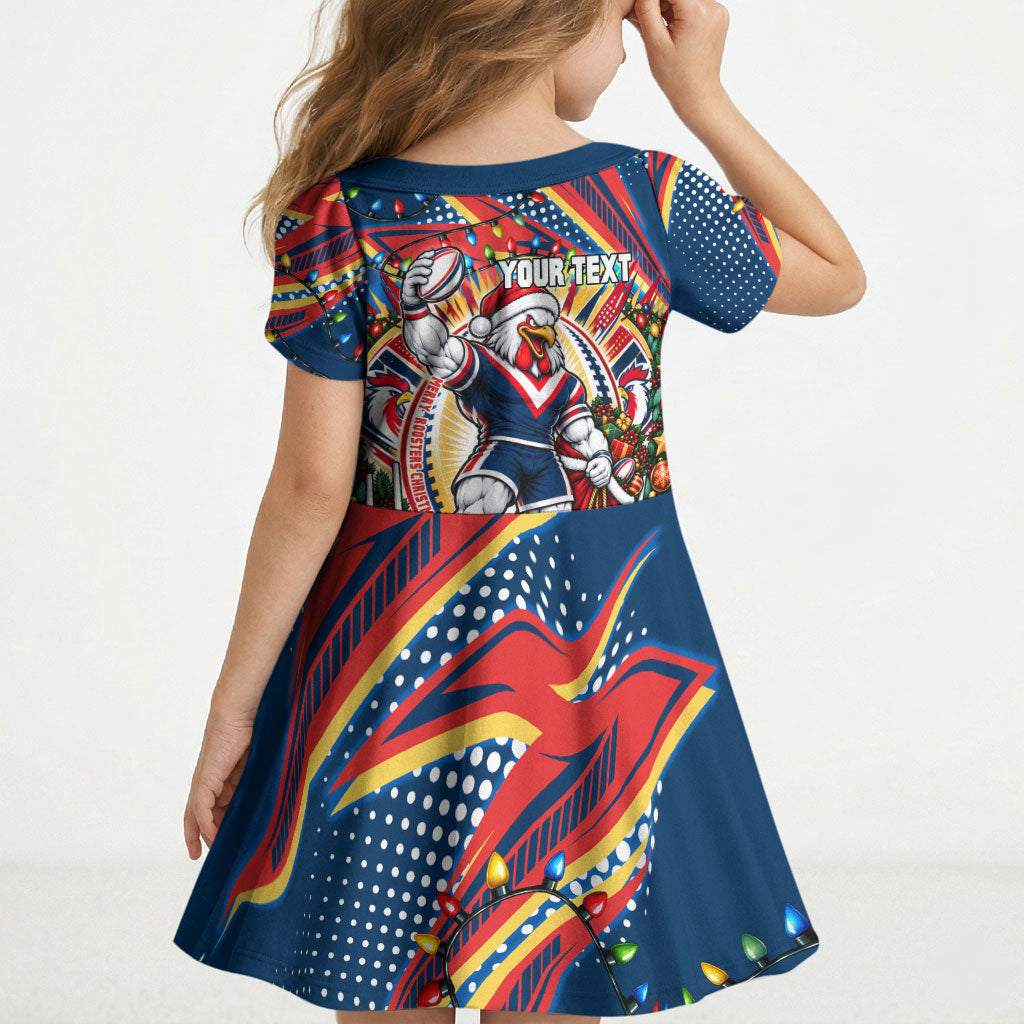 Personalized Sydney Roosters Rugby Christmas Kid Short Sleeve Dress Holiday Mascot Graphic Art Festive Lights Bow