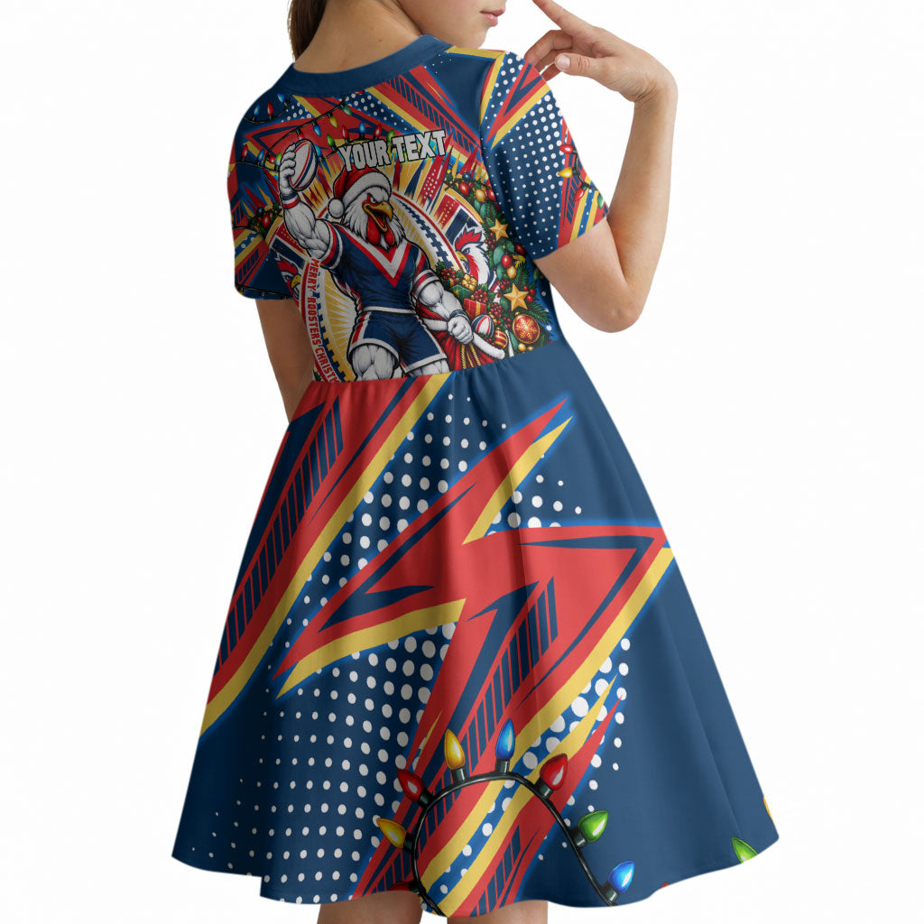 Personalized Sydney Roosters Rugby Christmas Kid Short Sleeve Dress Holiday Mascot Graphic Art Festive Lights Bow