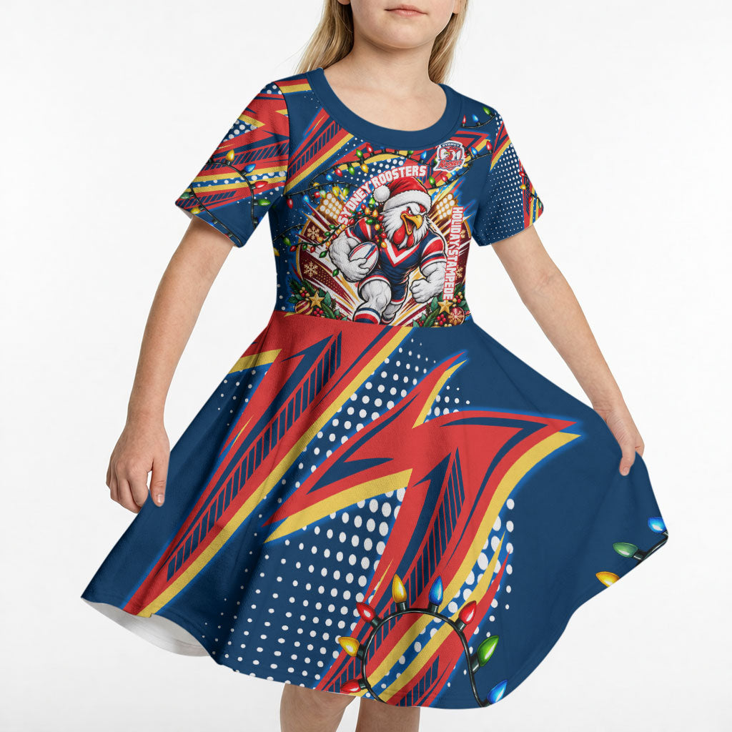 Personalized Sydney Roosters Rugby Christmas Kid Short Sleeve Dress Holiday Mascot Graphic Art Festive Lights Bow