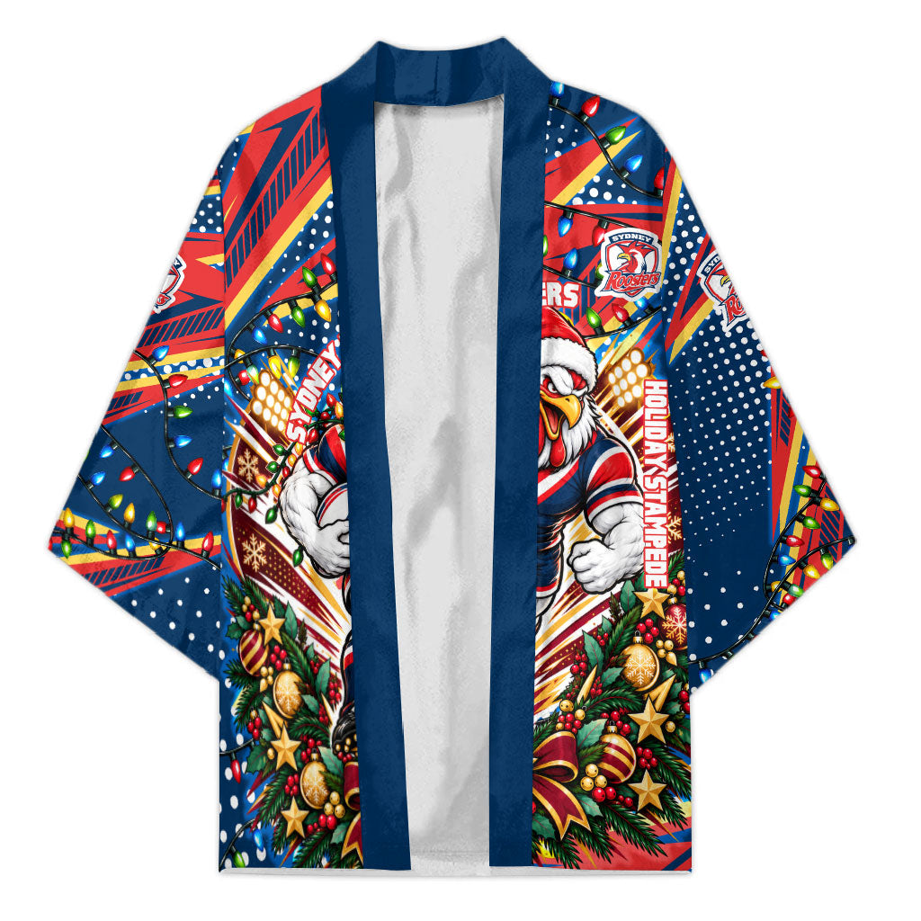Personalized Sydney Roosters Rugby Christmas Kimono Holiday Mascot Graphic Art Festive Lights Bow