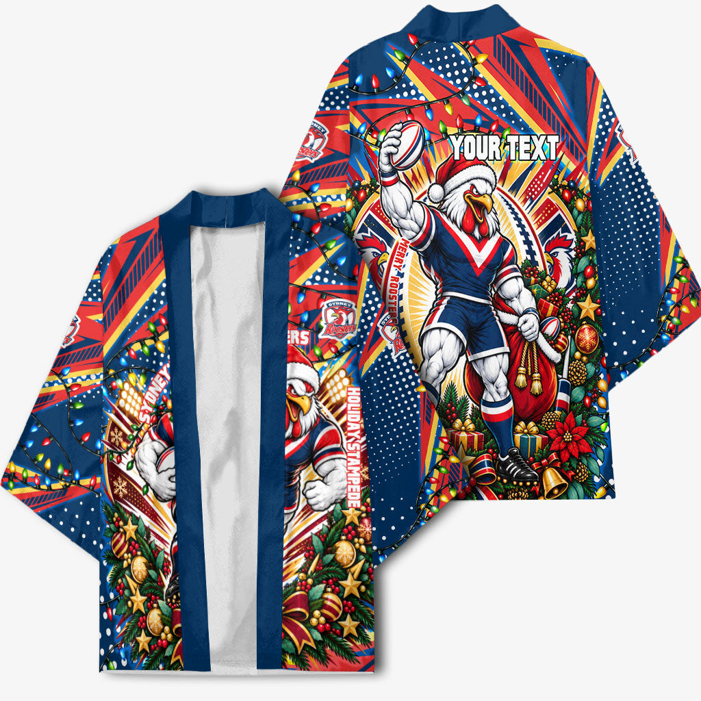 Personalized Sydney Roosters Rugby Christmas Kimono Holiday Mascot Graphic Art Festive Lights Bow