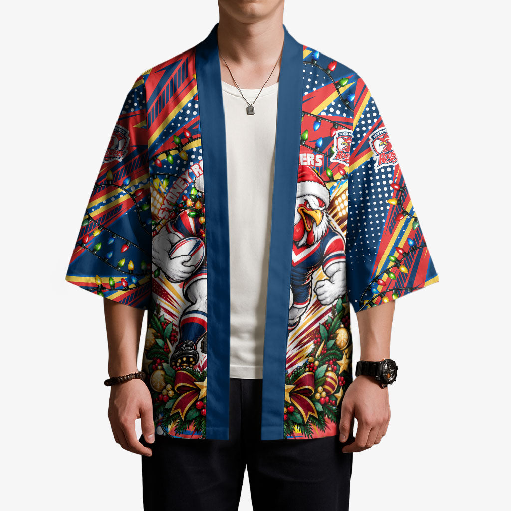 Personalized Sydney Roosters Rugby Christmas Kimono Holiday Mascot Graphic Art Festive Lights Bow