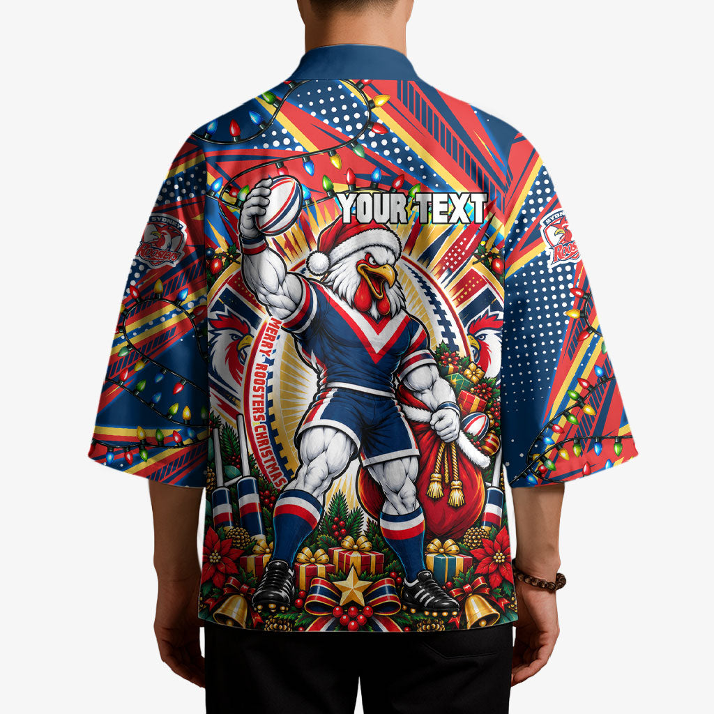 Personalized Sydney Roosters Rugby Christmas Kimono Holiday Mascot Graphic Art Festive Lights Bow