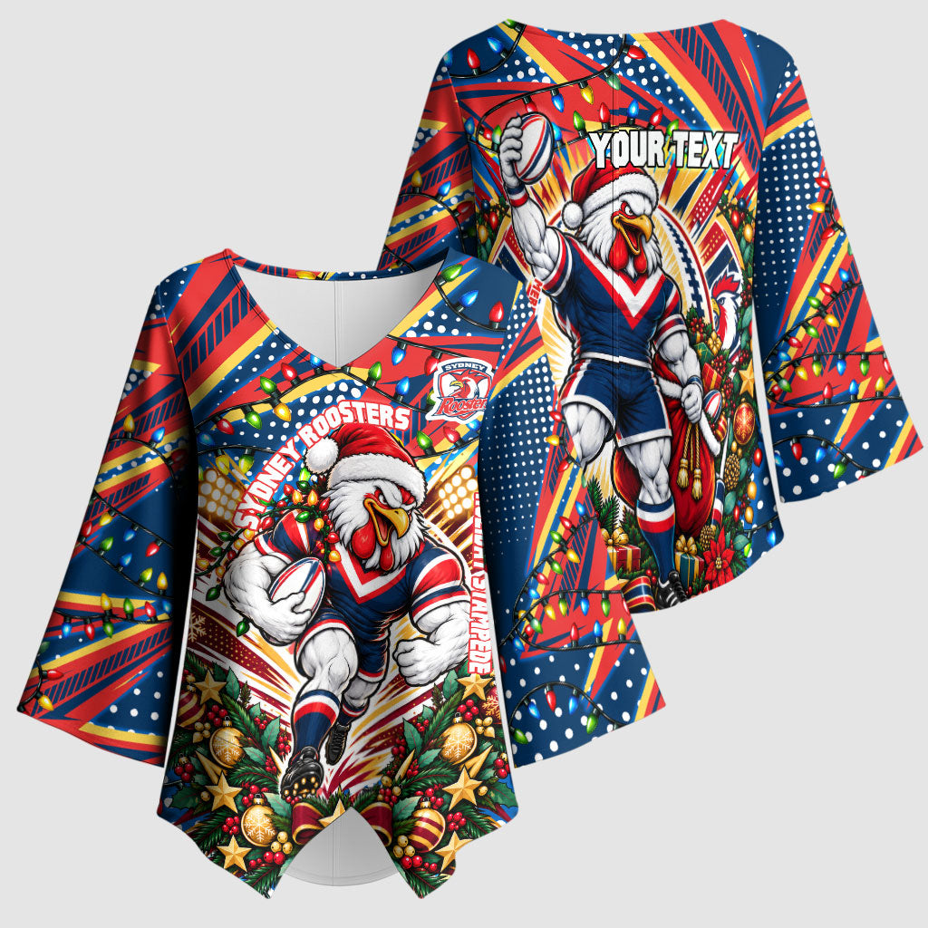 Personalized Sydney Roosters Rugby Christmas Kimono Sleeve Blouse Holiday Mascot Graphic Art Festive Lights Bow