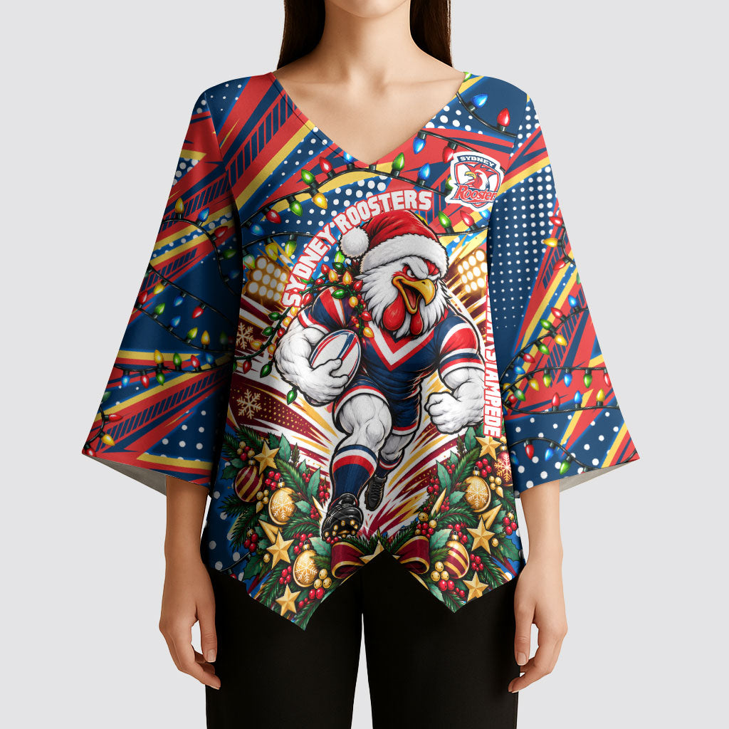 Personalized Sydney Roosters Rugby Christmas Kimono Sleeve Blouse Holiday Mascot Graphic Art Festive Lights Bow