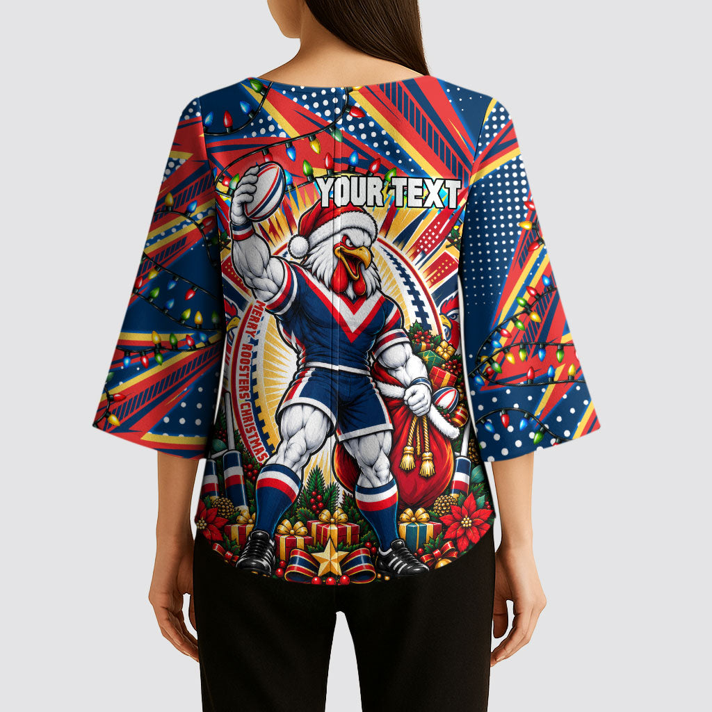 Personalized Sydney Roosters Rugby Christmas Kimono Sleeve Blouse Holiday Mascot Graphic Art Festive Lights Bow
