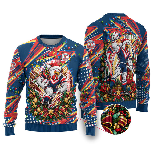 Personalized Sydney Roosters Rugby Christmas Ugly Christmas Sweater Holiday Mascot Graphic Art Festive Lights Bow