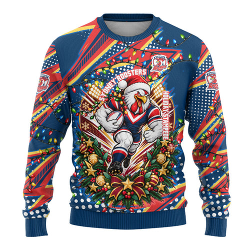 Personalized Sydney Roosters Rugby Christmas Ugly Christmas Sweater Holiday Mascot Graphic Art Festive Lights Bow
