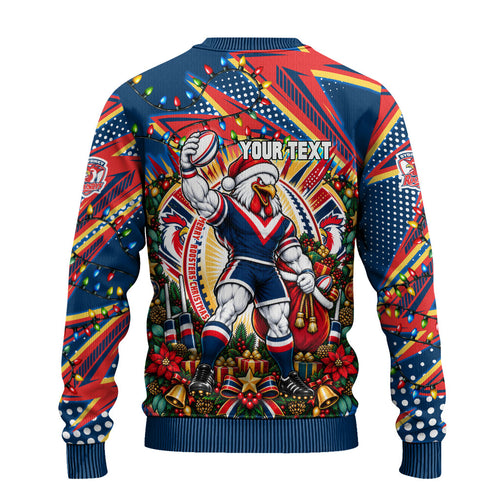 Personalized Sydney Roosters Rugby Christmas Ugly Christmas Sweater Holiday Mascot Graphic Art Festive Lights Bow