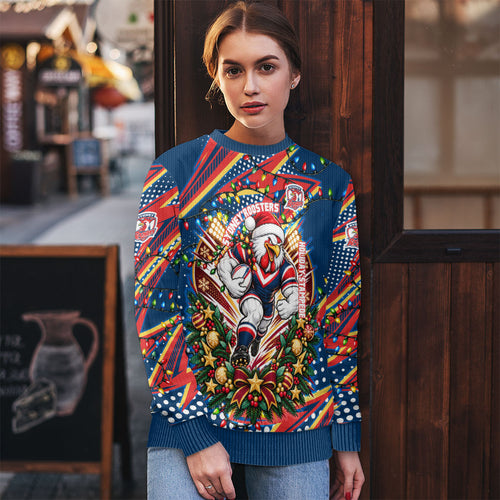 Personalized Sydney Roosters Rugby Christmas Ugly Christmas Sweater Holiday Mascot Graphic Art Festive Lights Bow