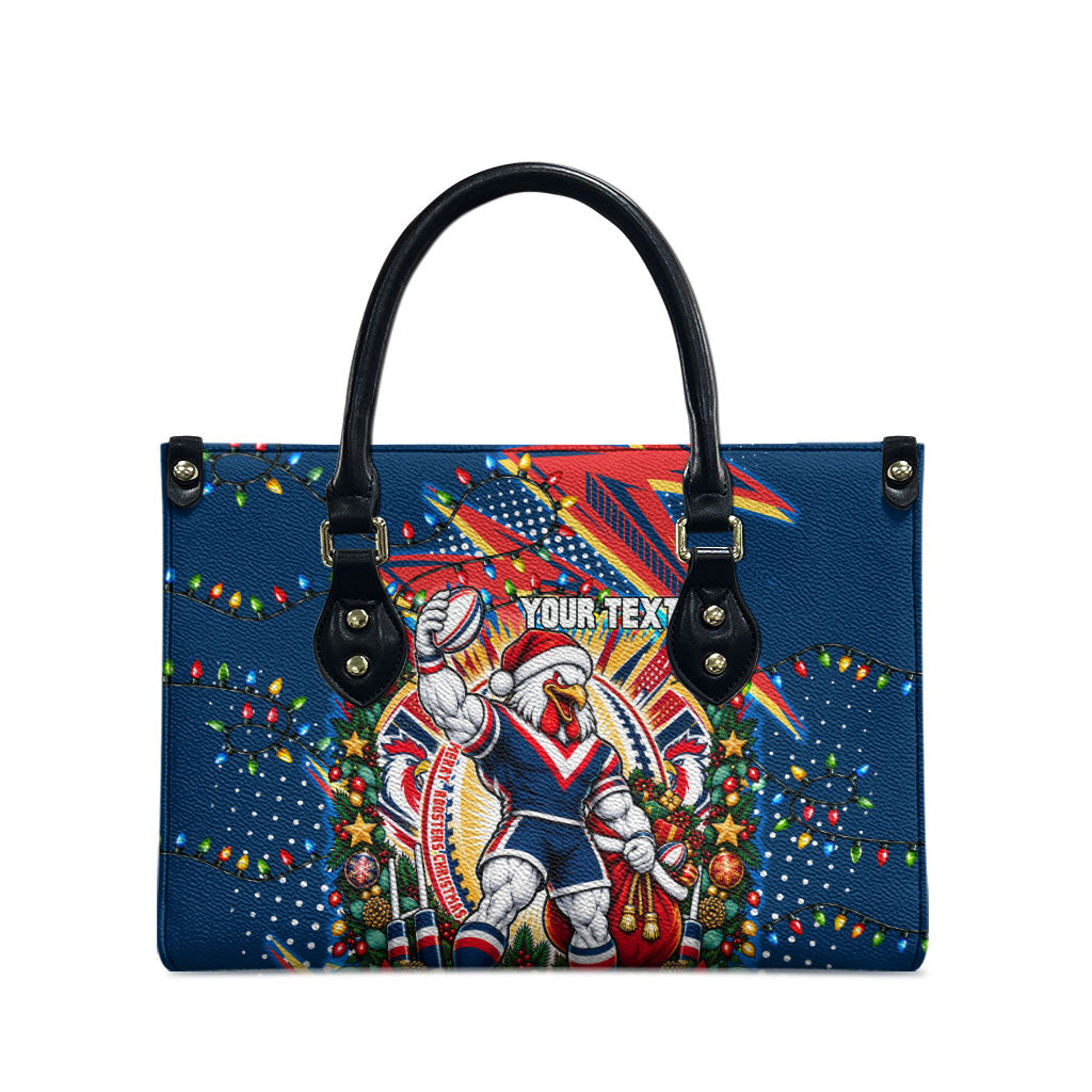Personalized Sydney Roosters Rugby Christmas Leather Bag Holiday Mascot Graphic Art Festive Lights Bow