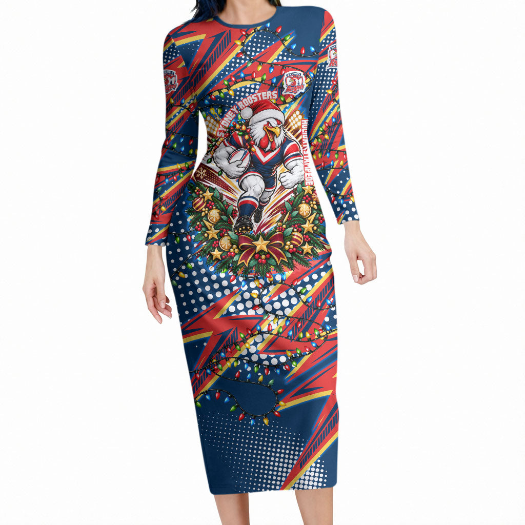 Personalized Sydney Roosters Rugby Christmas Long Sleeve Bodycon Dress Holiday Mascot Graphic Art Festive Lights Bow