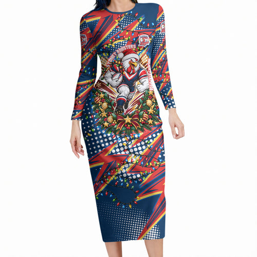 Personalized Sydney Roosters Rugby Christmas Long Sleeve Bodycon Dress Holiday Mascot Graphic Art Festive Lights Bow
