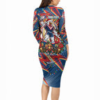 Personalized Sydney Roosters Rugby Christmas Long Sleeve Bodycon Dress Holiday Mascot Graphic Art Festive Lights Bow