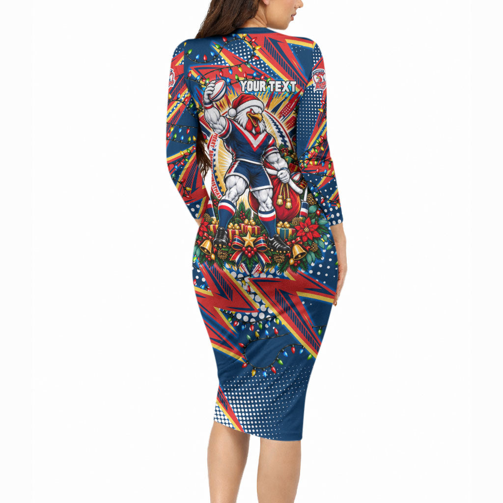 Personalized Sydney Roosters Rugby Christmas Long Sleeve Bodycon Dress Holiday Mascot Graphic Art Festive Lights Bow