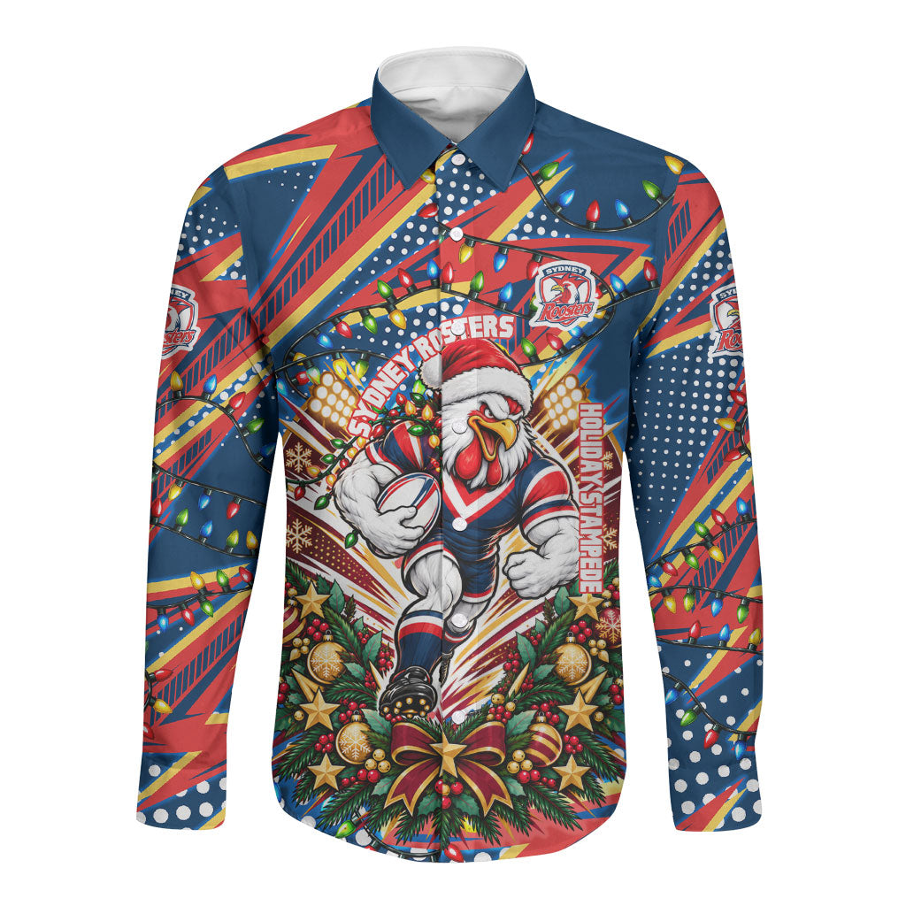 Personalized Sydney Roosters Rugby Christmas Long Sleeve Button Shirt Holiday Mascot Graphic Art Festive Lights Bow