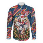 Personalized Sydney Roosters Rugby Christmas Long Sleeve Button Shirt Holiday Mascot Graphic Art Festive Lights Bow