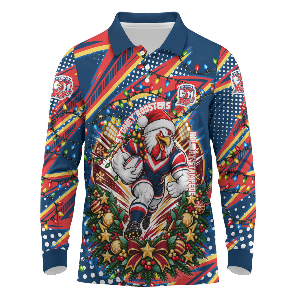 Personalized Sydney Roosters Rugby Christmas Long Sleeve Polo Shirt Holiday Mascot Graphic Art Festive Lights Bow