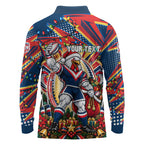 Personalized Sydney Roosters Rugby Christmas Long Sleeve Polo Shirt Holiday Mascot Graphic Art Festive Lights Bow