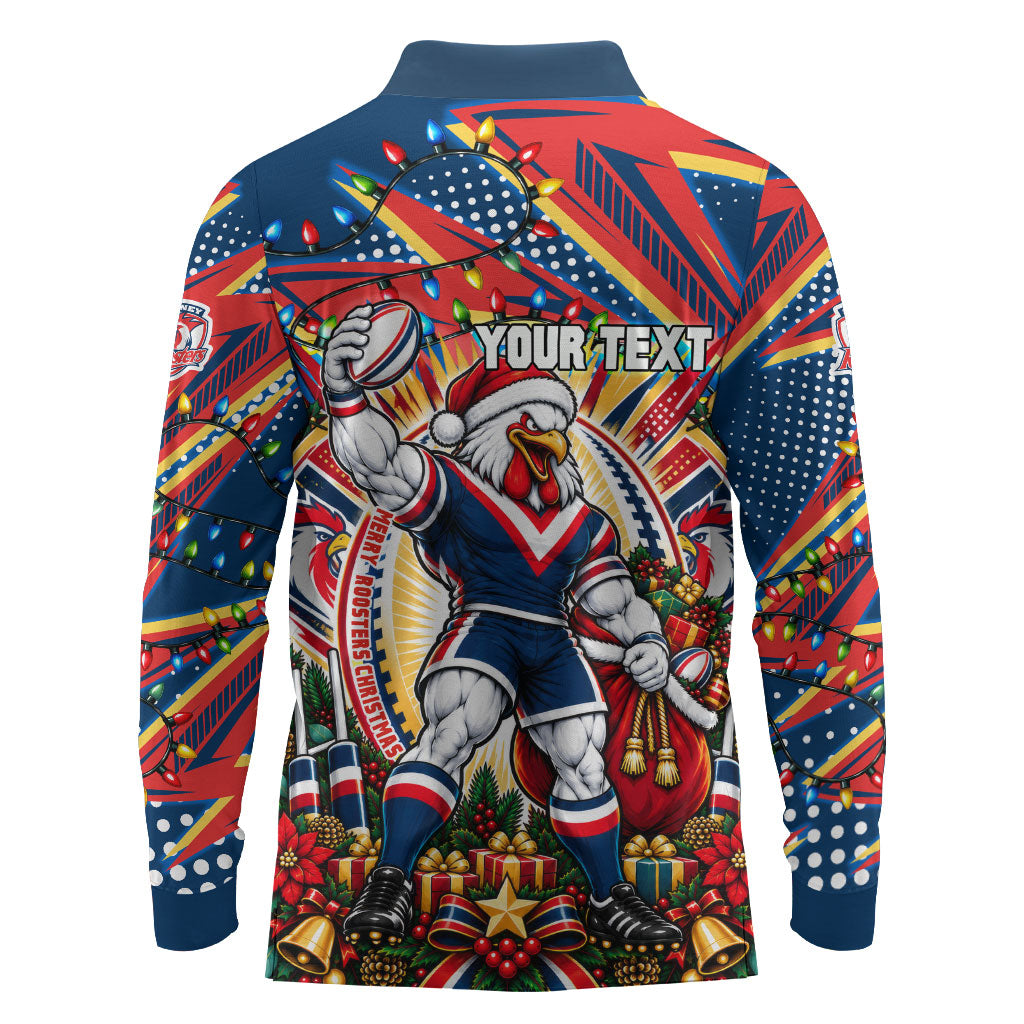 Personalized Sydney Roosters Rugby Christmas Long Sleeve Polo Shirt Holiday Mascot Graphic Art Festive Lights Bow