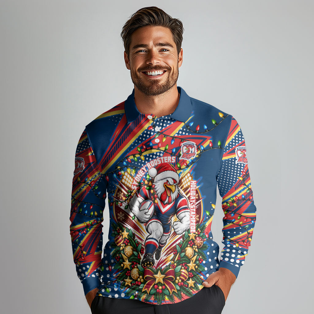 Personalized Sydney Roosters Rugby Christmas Long Sleeve Polo Shirt Holiday Mascot Graphic Art Festive Lights Bow