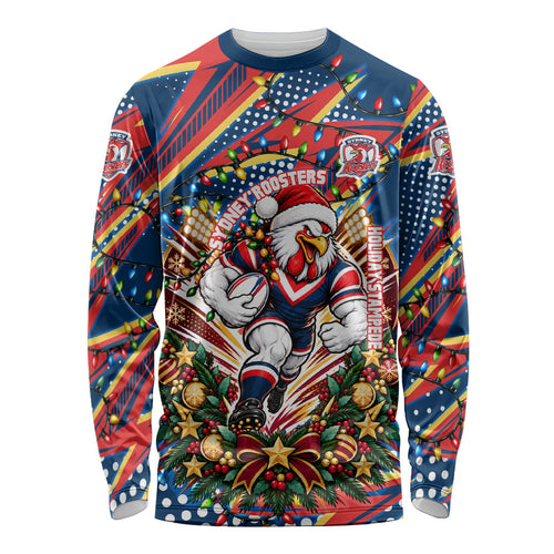 Personalized Sydney Roosters Rugby Christmas Long Sleeve Shirt Holiday Mascot Graphic Art Festive Lights Bow