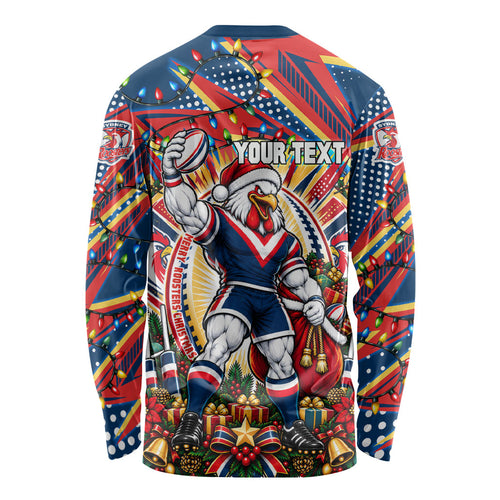 Personalized Sydney Roosters Rugby Christmas Long Sleeve Shirt Holiday Mascot Graphic Art Festive Lights Bow