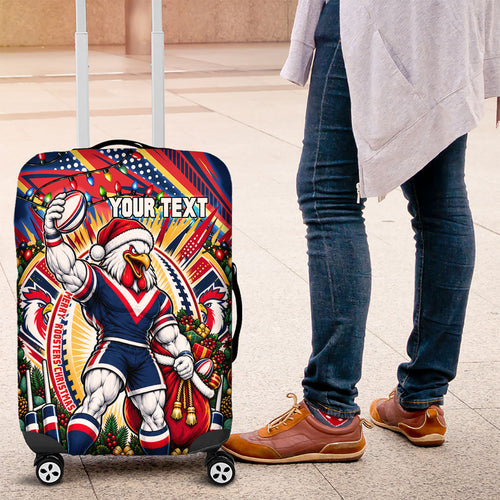 Personalized Sydney Roosters Rugby Christmas Luggage Cover Holiday Mascot Graphic Art Festive Lights Bow