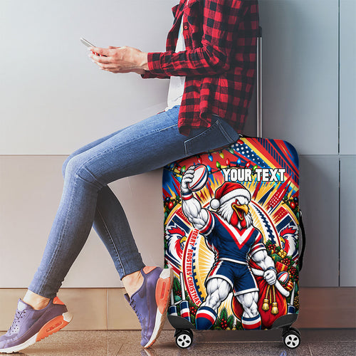 Personalized Sydney Roosters Rugby Christmas Luggage Cover Holiday Mascot Graphic Art Festive Lights Bow
