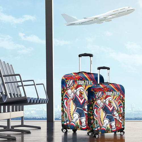 Personalized Sydney Roosters Rugby Christmas Luggage Cover Holiday Mascot Graphic Art Festive Lights Bow