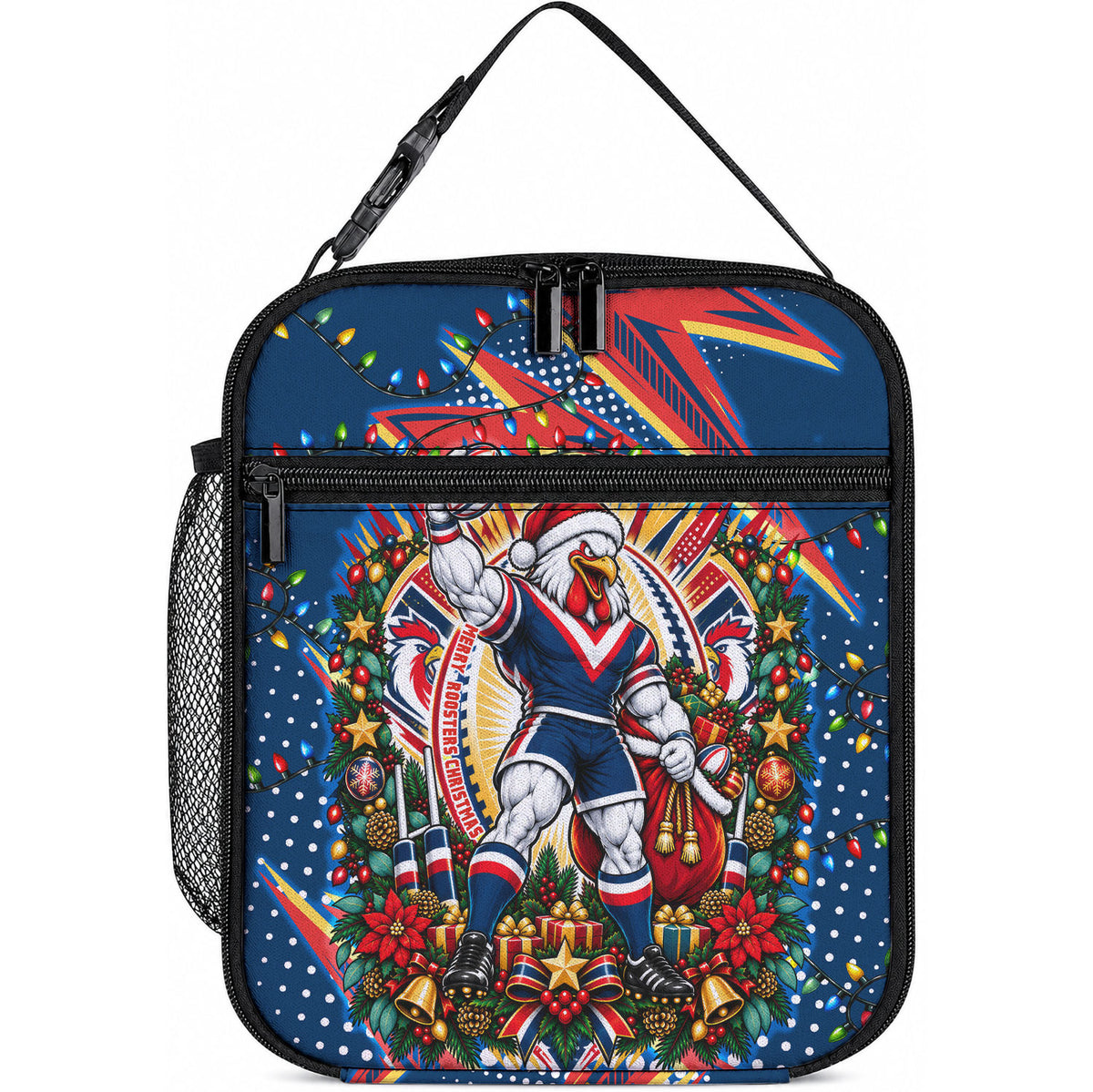 Personalized Sydney Roosters Rugby Christmas Lunch Bag Holiday Mascot Graphic Art Festive Lights Bow