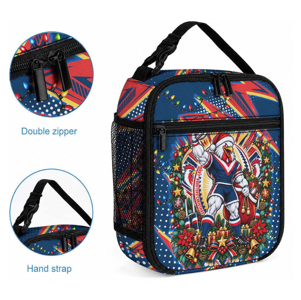 Personalized Sydney Roosters Rugby Christmas Lunch Bag Holiday Mascot Graphic Art Festive Lights Bow
