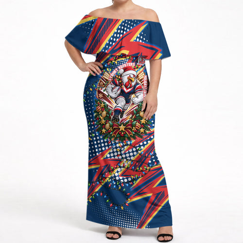 Personalized Sydney Roosters Rugby Christmas Off Shoulder Maxi Dress Holiday Mascot Graphic Art Festive Lights Bow