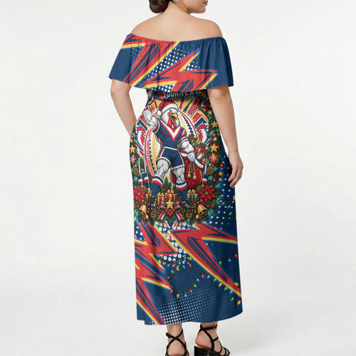Personalized Sydney Roosters Rugby Christmas Off Shoulder Maxi Dress Holiday Mascot Graphic Art Festive Lights Bow