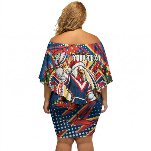 Personalized Sydney Roosters Rugby Christmas Off Shoulder Short Dress Holiday Mascot Graphic Art Festive Lights Bow