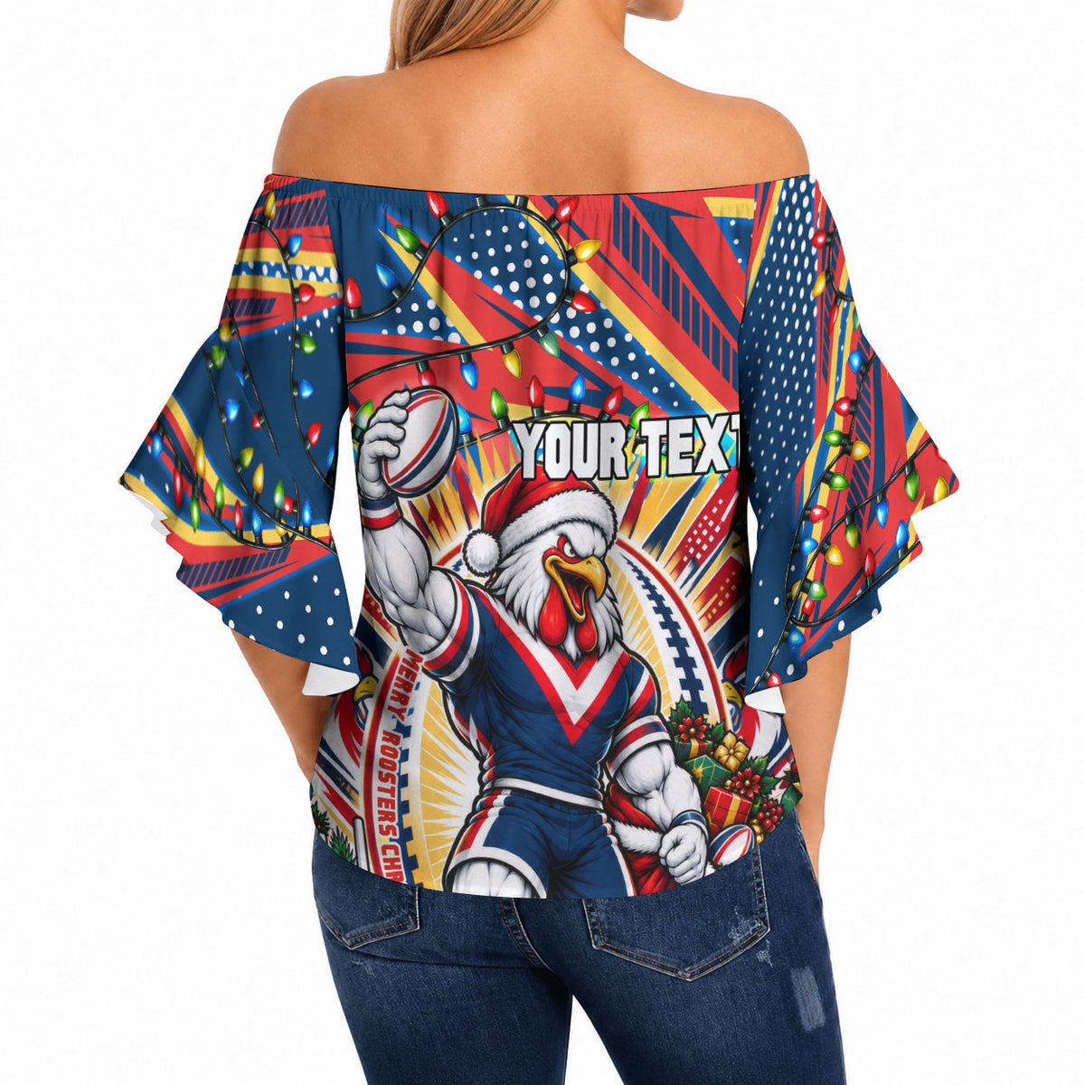 Personalized Sydney Roosters Rugby Christmas Off Shoulder Wrap Waist Top Holiday Mascot Graphic Art Festive Lights Bow