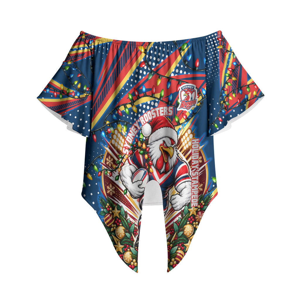 Personalized Sydney Roosters Rugby Christmas Off Shoulder Wrap Waist Top Holiday Mascot Graphic Art Festive Lights Bow