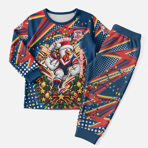 Personalized Sydney Roosters Rugby Christmas Pajama Set Holiday Mascot Graphic Art Festive Lights Bow