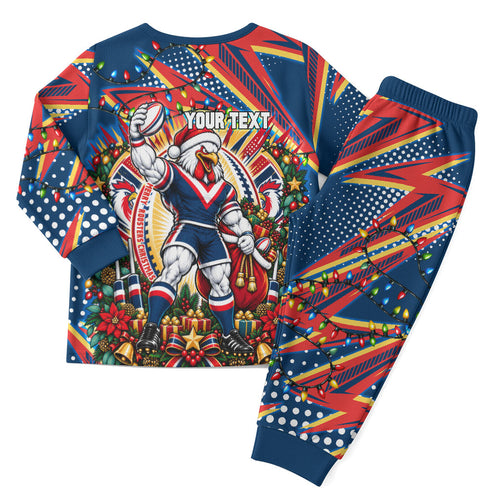 Personalized Sydney Roosters Rugby Christmas Pajama Set Holiday Mascot Graphic Art Festive Lights Bow