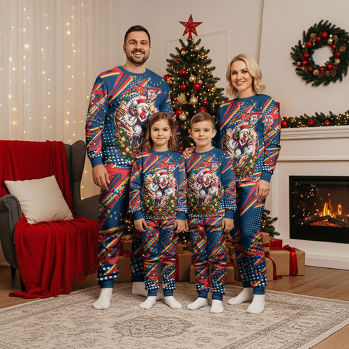 Personalized Sydney Roosters Rugby Christmas Pajama Set Holiday Mascot Graphic Art Festive Lights Bow