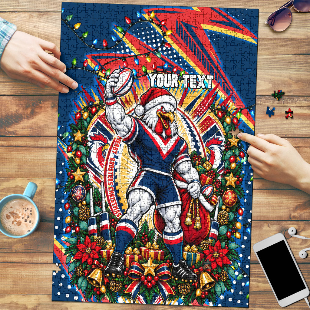 Personalized Sydney Roosters Rugby Christmas Puzzle Holiday Mascot Graphic Art Festive Lights Bow