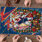 Personalized Sydney Roosters Rugby Christmas Puzzle Holiday Mascot Graphic Art Festive Lights Bow