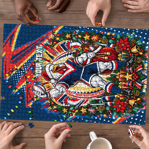 Personalized Sydney Roosters Rugby Christmas Puzzle Holiday Mascot Graphic Art Festive Lights Bow