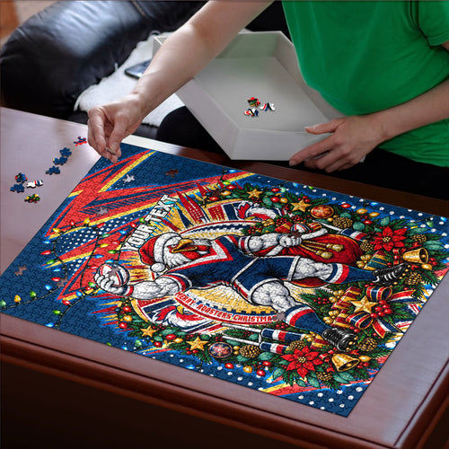 Personalized Sydney Roosters Rugby Christmas Puzzle Holiday Mascot Graphic Art Festive Lights Bow