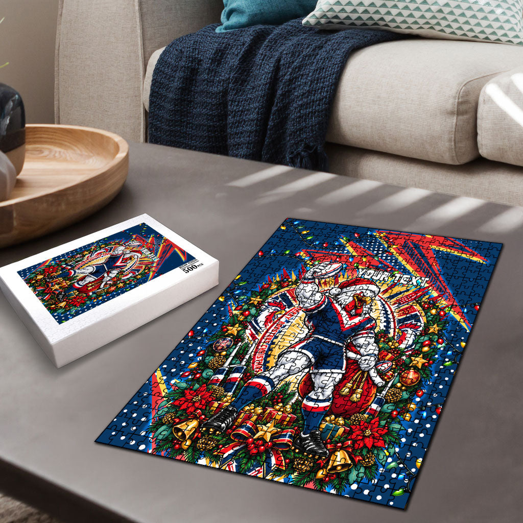 Personalized Sydney Roosters Rugby Christmas Puzzle Holiday Mascot Graphic Art Festive Lights Bow