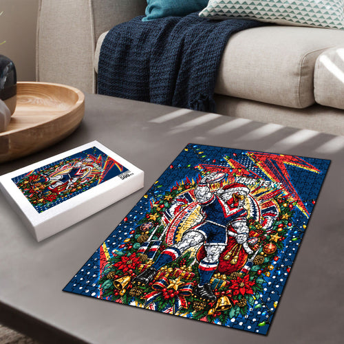 Personalized Sydney Roosters Rugby Christmas Puzzle Holiday Mascot Graphic Art Festive Lights Bow