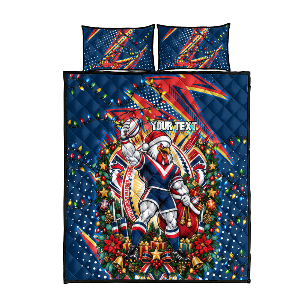 Personalized Sydney Roosters Rugby Christmas Quilt Bed Set Holiday Mascot Graphic Art Festive Lights Bow